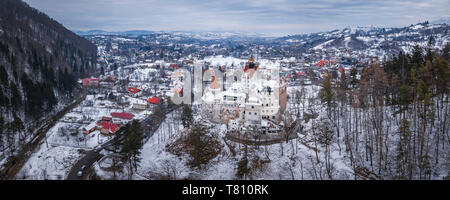 Bran Castle covered in snow in winter, Transylvania, Romania, Europe Stock Photo