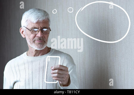 a gray-haired man in light clothes with a phone is thinking about something Stock Photo