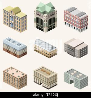 vector collection of 3d isometric buildings. Isolated icons set Stock Vector