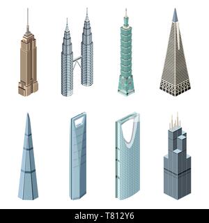 Famous world skyscrapers vector isometric high detailed icons isolated on white background Stock Vector