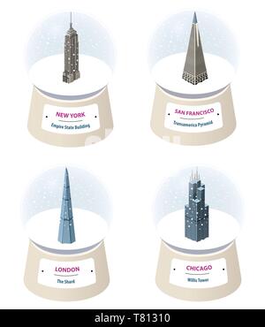 Vector 3d isometric snow globes with world famous landmarks inside. Collection of christmas illustrations isolated on white background Stock Vector