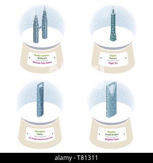 Vector 3d isometric snow globes with world famous landmarks inside. Collection of christmas illustrations isolated on white background Stock Vector
