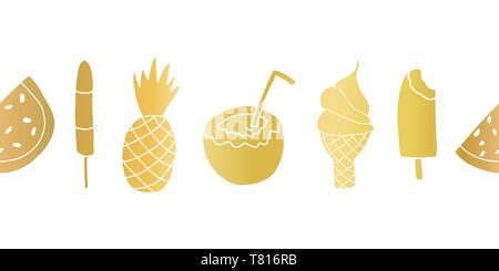 Gold foil summer treats seamless repeating vector border. Banner with watermelon, popsicle, pineapple, coconut, ice cream cone Stock Vector