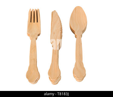 Wooden single use sustainable cutlery set on a white background Stock Photo