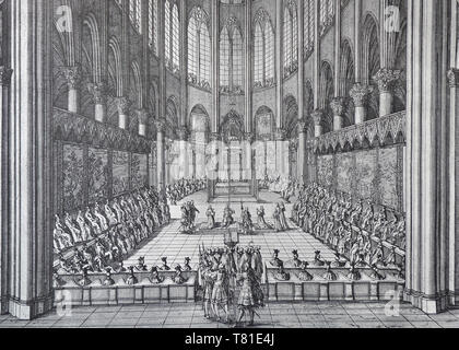 Choir of Notre Dame of Paris during Te Deum given in 1669, engraving of Jean Marot Stock Photo