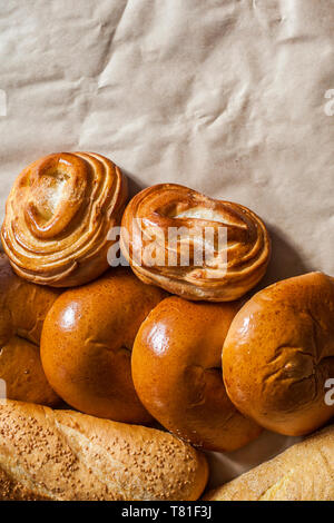 Food concept. Different type breads. Top view. Free space for text. Copy space Stock Photo