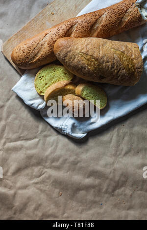 Food concept. Different type breads. Top view. Free space for text. Copy space Stock Photo