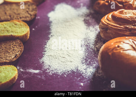 Food concept. Different type breads. Top view. Free space for text. Copy space Stock Photo