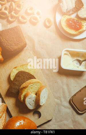 Food concept. Different type breads. Top view. Free space for text. Copy space Stock Photo