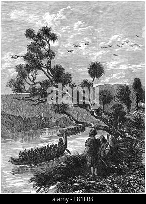 Engraving of a Maori war canoe paddling up a river in colonial New Zealand Stock Photo