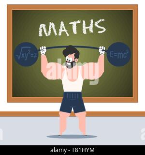 Funny cartoon mathematics professor bodybuilder character doing some exercises. Fun flat design illustration. Stock Vector