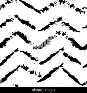 Black and white hand drawn dry brush zig zag seamless pattern. Vector illustration. Stock Vector