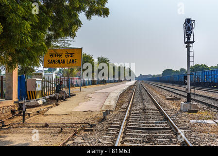 Sambhar, India - February 04, 2019: Train platform at the station in Sambhar Lake Village Stock Photo