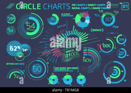 Circle Charts, Pie Charts, Radial Charts and Gauge Charts Infographic Elements Stock Vector