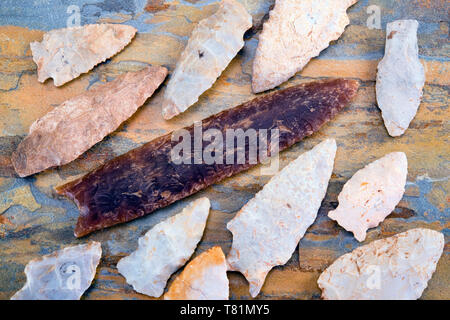 Real American Indian arrowheads made around 6-9 thiusands years ago, they were found in East Texas. Stock Photo