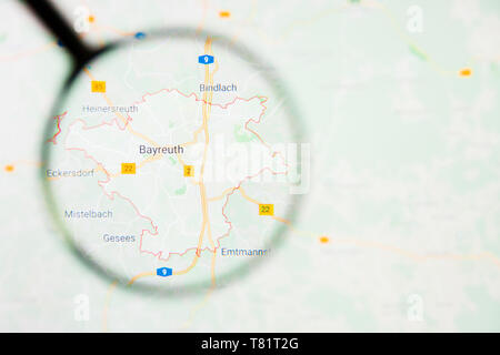 Bayreuth city in Germany, Bavaria visualization illustrative concept on screen through magnifying glass Stock Photo
