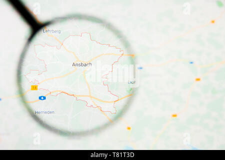 Ansbach city in Germany, Bavaria visualization illustrative concept on screen through magnifying glass Stock Photo