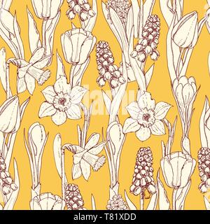 Seamless pattern with spring flowers on yellow background. Vector illustration for your design Stock Vector