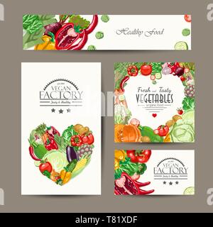 Set of vector cards with fresh and healthy vegetables. Vector illustration for your design Stock Vector