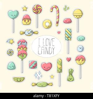 Candy Sticker. Set of cute cartoon candy characters. Vector collection for stickers, patches, badges, pins. Hand drawn style doodle. Stock Vector