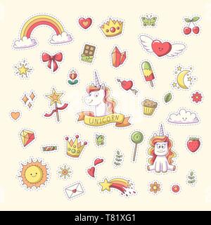 Unicorn Sticker with heart, clouds, rainbow, sun, moon and more. Set of cute cartoon characters. Vector collection for stickers, patches, badges, pins. Hand drawn style doodle Stock Vector