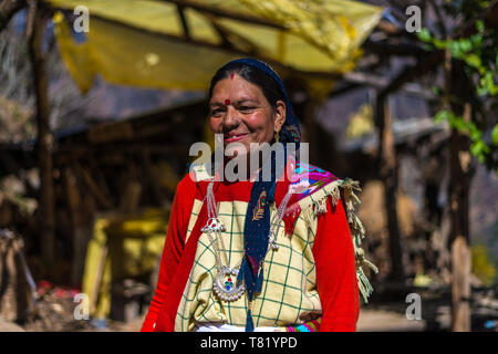 Kullu, Himachal Pradesh, India - February 23, 2019 : Portrait of beautiful Indian himalayan Traditional woman in himalaya Stock Photo