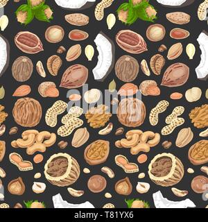 Seamless pattern with colored nuts and seeds. Vector illustration for your design Stock Vector