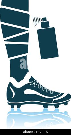 Soccer Bandaged Leg With Aerosol Anesthetic Icon. Shadow Reflection Design. Vector Illustration. Stock Vector