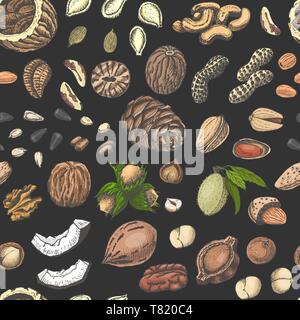Seamless pattern with colored nuts and seeds. Vector illustration for your design Stock Vector