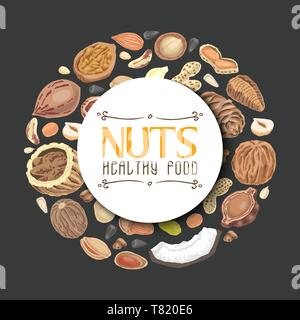 Vector background with nuts arranged in a circle. Vector illustration for your design Stock Vector