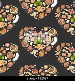 Seamless pattern with colored nuts and seeds. Vector illustration for your design Stock Vector