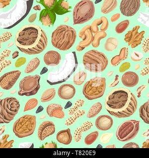 Seamless pattern with colored nuts and seeds. Vector illustration for your design Stock Vector