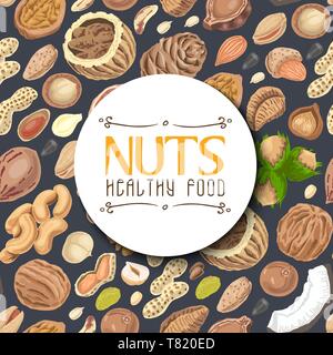 Seamless pattern with colored nuts and seeds. Vector illustration for your design Stock Vector