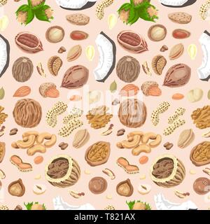 Seamless pattern with colored nuts and seeds. Vector illustration for your design Stock Vector