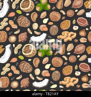 Seamless pattern with colored nuts and seeds. Vector illustration for your design Stock Vector