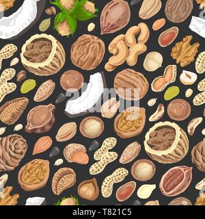 Seamless pattern with colored nuts and seeds. Vector illustration for your design Stock Vector