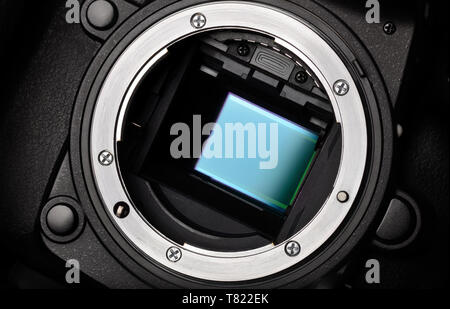 Digital camera APS-C sensor and lens mount close-up Stock Photo