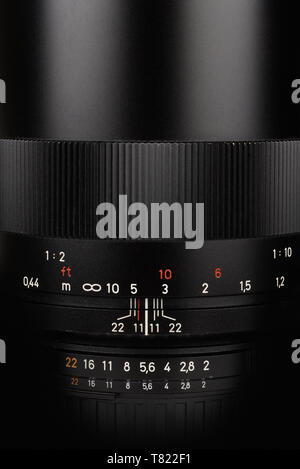 Camera lens close up: aperture and distance scale view Stock Photo