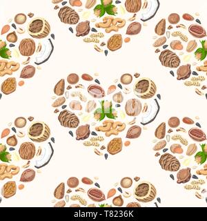 Seamless pattern with colored nuts and seeds. Vector illustration for your design Stock Vector