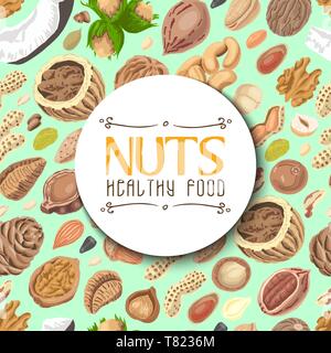 Seamless background with colored nuts and seeds with an inscription in the middle. Vector illustration for your design Stock Vector