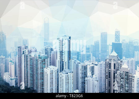 Futuristic urban skyline on transparent polygon background. Global communication and computer networks in the big city Stock Photo