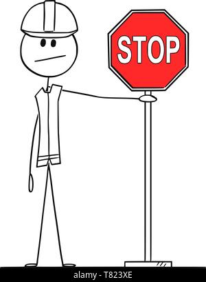 Vector cartoon stick figure drawing conceptual illustration of construction worker with hard hat holding red stop traffic or road sign. Stock Vector