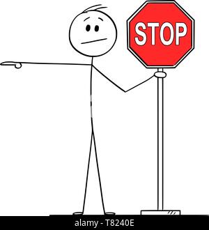 Vector cartoon stick figure drawing conceptual illustration of man or businessman holding red stop sign and pointing or showing direction. Stock Vector