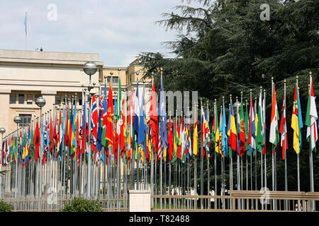 Palace of Nations - seat of the United Nations in Geneva, Switzerland. Flags of all countries. Stock Photo