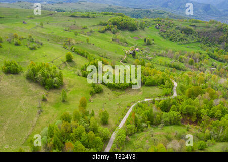 Aerial drone view of a green meadow, endless lush pastures and farmlands. Countryside rural landscape in Transylvania, Romania Stock Photo