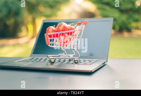 Concept of online grocery shopping. A miniature shopping cart with tomatoes is standing an a Notebook. Stock Photo