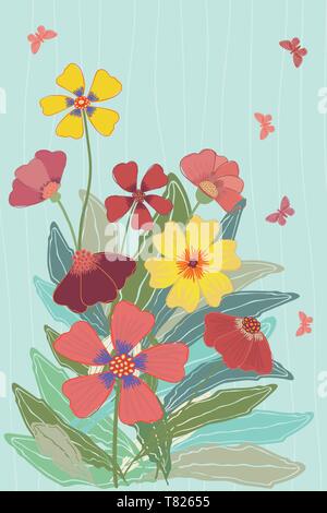 Bright multicolor meadow flowers and butterflies illustration on subtly striped soft blue background with room to place text. Stock Vector