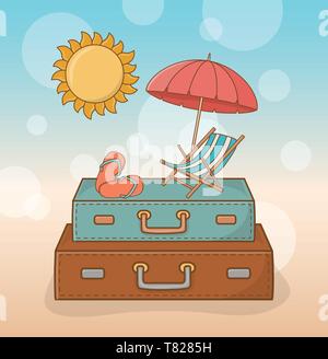 suitcases vacations on the beach scene vector illustration design Stock Vector