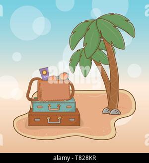 suitcases vacations on the beach scene vector illustration design Stock Vector