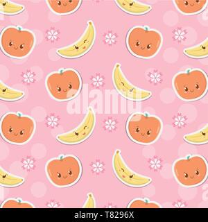 fresh apples and bananas fruits kawaii characters pattern vector illustration design Stock Vector